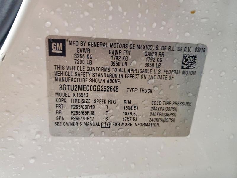 Aukcja sprzedaży 2016 Gmc Sierra, vin: 3GTU2MEC0GG252648, numer aukcji: 72989775