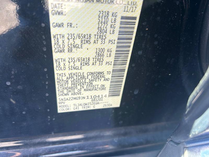 2018 Nissan Murano S მანქანა იყიდება აუქციონზე, vin: 5N1AZ2MG9JN110414, აუქციონის ნომერი: 75443425