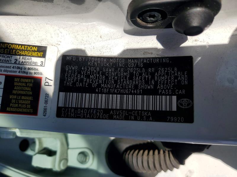 Продажа на аукционе авто 2017 Toyota Camry, vin: 4T1BF1FK7HU674491, номер лота: 98554885