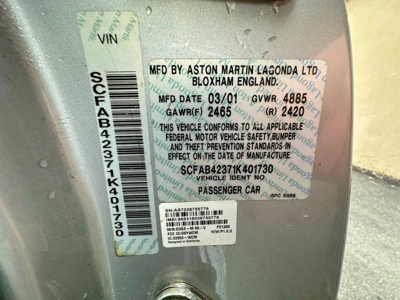 2001 Aston Martin Db7 Vantag მანქანა იყიდება აუქციონზე, vin: SCFAB42371K401730, აუქციონის ნომერი: 75381955