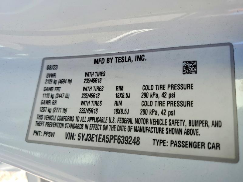 99698175 :رقم المزاد ، 5YJ3E1EA5PF639248 vin ، 2023 Tesla Model 3 مزاد بيع