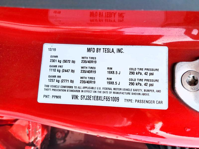 73970225 :رقم المزاد ، 5YJ3E1EBXLF651009 vin ، 2020 Tesla Model 3 مزاد بيع