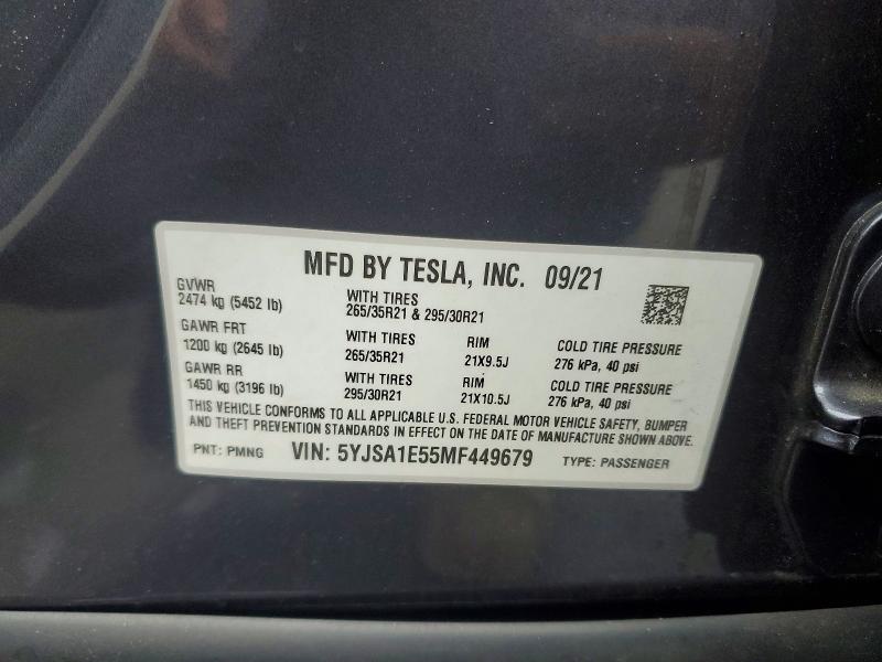 74349725 :رقم المزاد ، 5YJSA1E55MF449679 vin ، 2021 Tesla Model S مزاد بيع