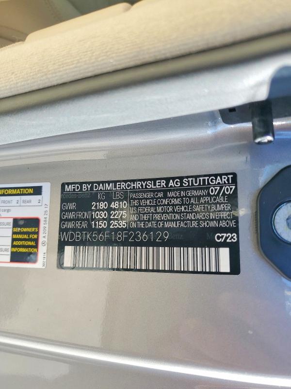 72437025 :رقم المزاد ، WDBTK56F18F236129 vin ، 2008 Mercedes-benz Clk 350 مزاد بيع