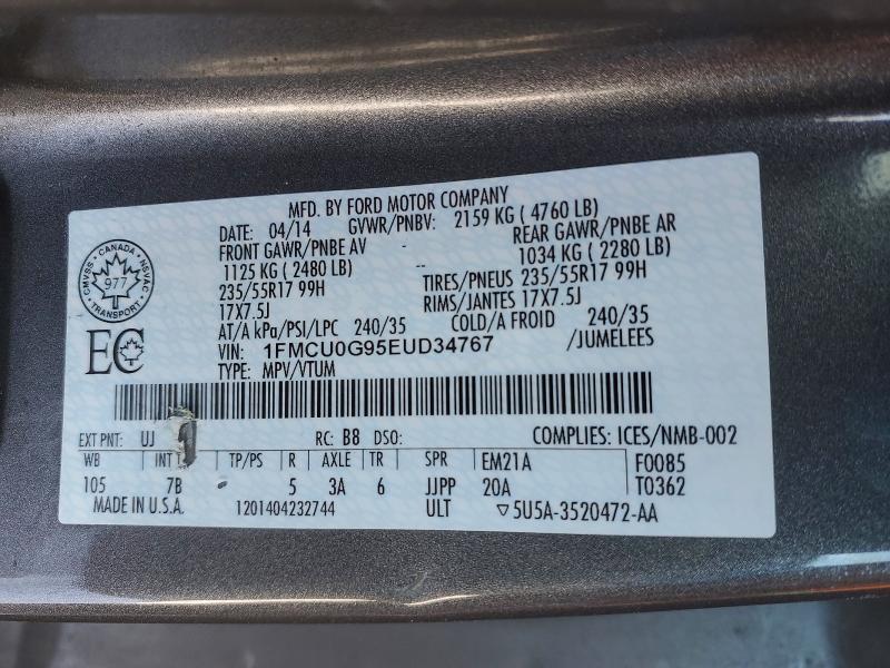 2014 Ford Escape Se მანქანა იყიდება აუქციონზე, vin: 1FMCU0G95EUD34767, აუქციონის ნომერი: 73315055