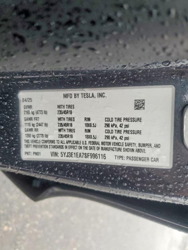 99034575 :رقم المزاد ، 5YJ3E1EA7SF996116 vin ، 2025 Tesla Model 3 مزاد بيع