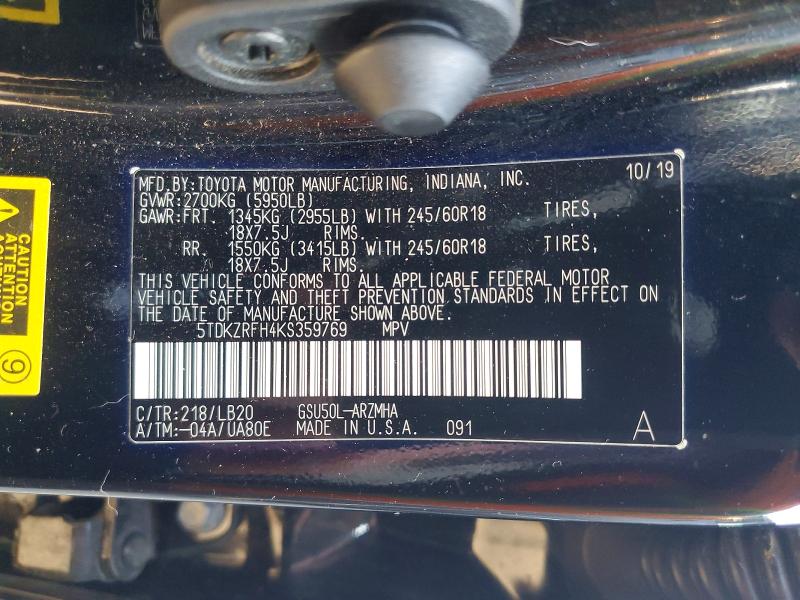Продажа на аукционе авто 2019 Toyota Highlander, vin: 5TDKZRFH4KS359769, номер лота: 72772485