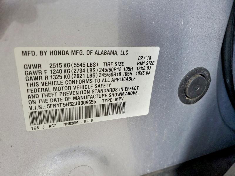 2018 Honda Pilot Exl მანქანა იყიდება აუქციონზე, vin: 5FNYF5H52JB009655, აუქციონის ნომერი: 75447675