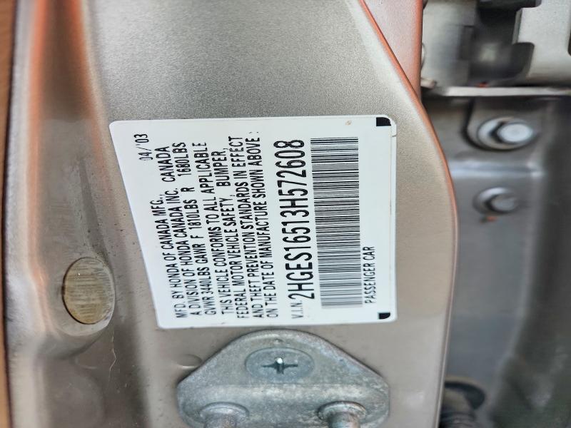 72164185 :رقم المزاد ، 2HGES16513H572608 vin ، 2003 Honda Civic مزاد بيع