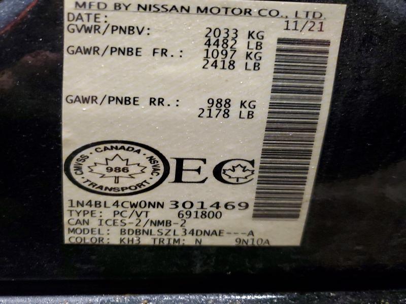 2022 Nissan Altima მანქანა იყიდება აუქციონზე, vin: 1N4BL4CW0NN301469, აუქციონის ნომერი: 99747245