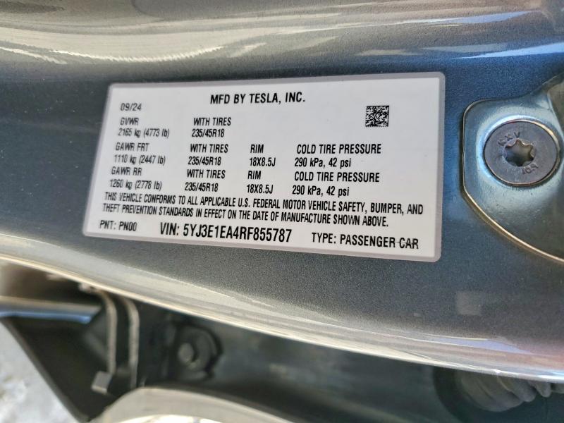 Aukcja sprzedaży 2024 Tesla Model 3, vin: 5YJ3E1EA4RF855787, numer aukcji: 99905045