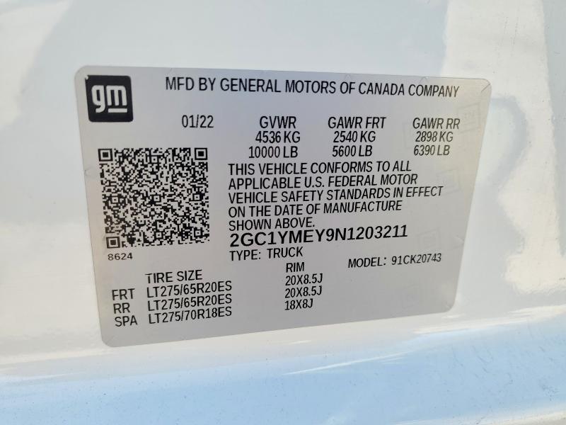 Продаж на аукціоні авто 2022 Chevrolet Silverado, vin: 2GC1YMEY9N1203211, номер лоту: 74163505
