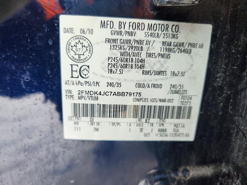 99788695 :رقم المزاد ، 2FMDK4JC7ABB79175 vin ، 2010 Ford Edge مزاد بيع