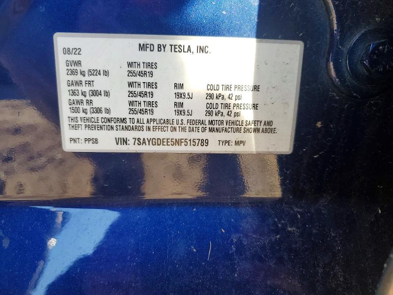 2022 Tesla Model Y მანქანა იყიდება აუქციონზე, vin: 7SAYGDEE5NF515789, აუქციონის ნომერი: 75383245