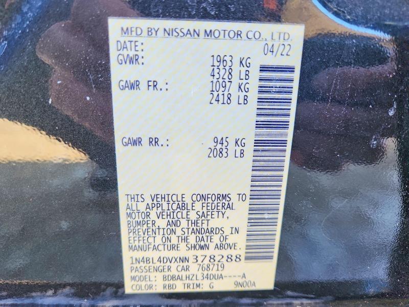 74670795 :رقم المزاد ، 1N4BL4DVXNN378288 vin ، 2022 Nissan Altima مزاد بيع