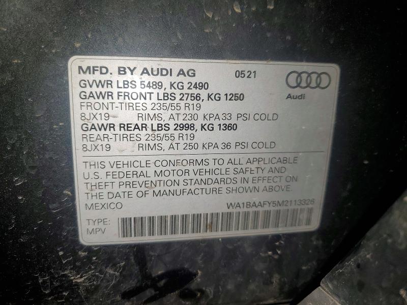 72643565 :رقم المزاد ، WA1BAAFY5M2113326 vin ، 2021 Audi Q5 مزاد بيع