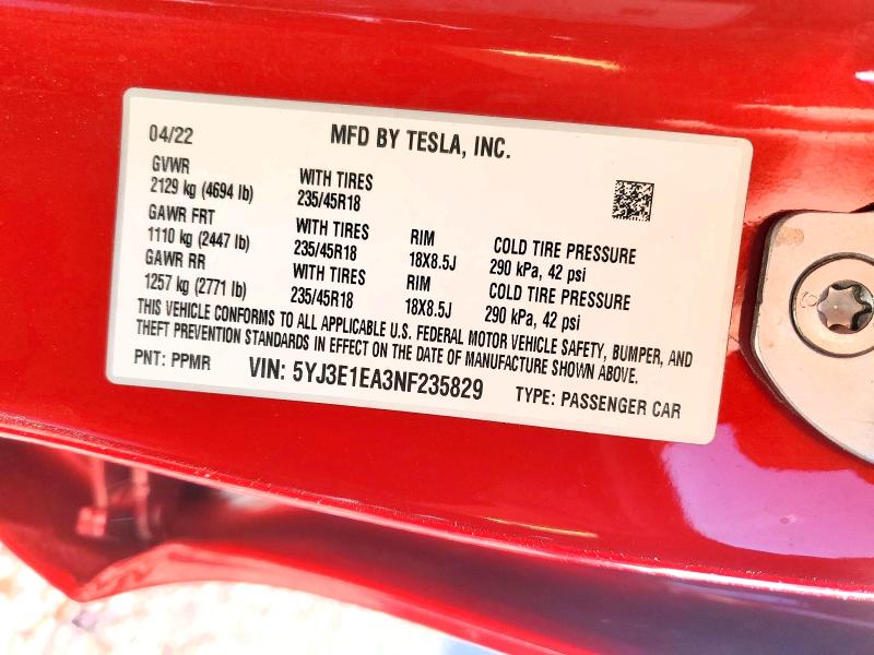 2022 Tesla Model 3 მანქანა იყიდება აუქციონზე, vin: 5YJ3E1EA3NF235829, აუქციონის ნომერი: 99797795