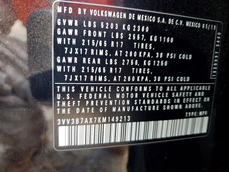 72392485 :رقم المزاد ، 3VV3B7AX7KM149213 vin ، 2019 Volkswagen Tiguan مزاد بيع