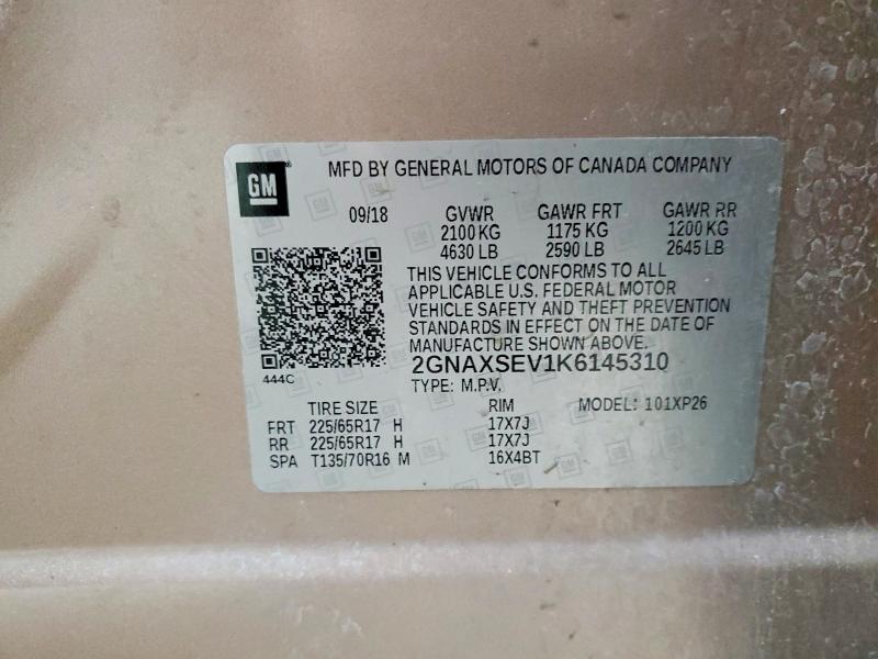 74283815 :رقم المزاد ، 2GNAXSEV1K6145310 vin ، 2019 Chevrolet Equinox مزاد بيع