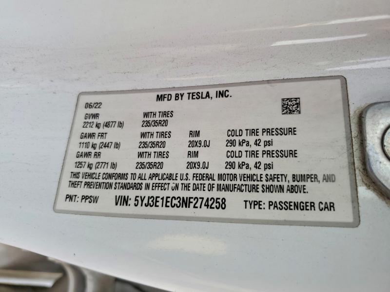 Продаж на аукціоні авто 2022 Tesla Model 3, vin: 5YJ3E1EC3NF274258, номер лоту: 97586565