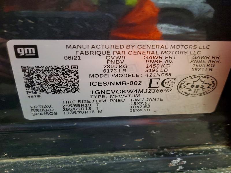 Aukcja sprzedaży 2021 Chevrolet Traverse, vin: 1GNEVGKW4MJ236692, numer aukcji: 73111405