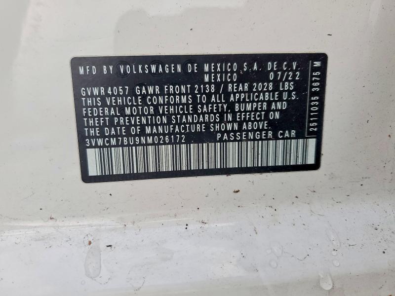 Aukcja sprzedaży 2022 Volkswagen Jetta, vin: 3VWCM7BU9NM026172, numer aukcji: 98956835