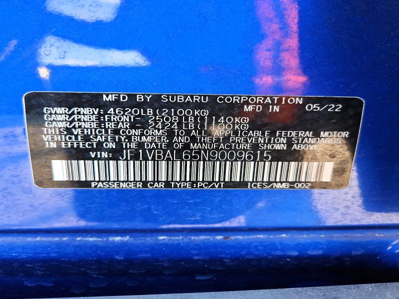 Aukcja sprzedaży 2022 Subaru Wrx, vin: JF1VBAL65N9009615, numer aukcji: 73822595