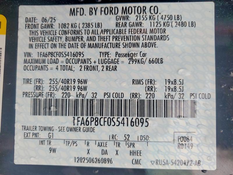 2025 Ford Mustang Gt მანქანა იყიდება აუქციონზე, vin: 1FA6P8CF0S5416095, აუქციონის ნომერი: 72393785