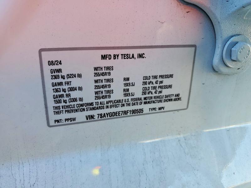 73270945 :رقم المزاد ، 7SAYGDEE7RF190505 vin ، 2024 Tesla Model Y مزاد بيع
