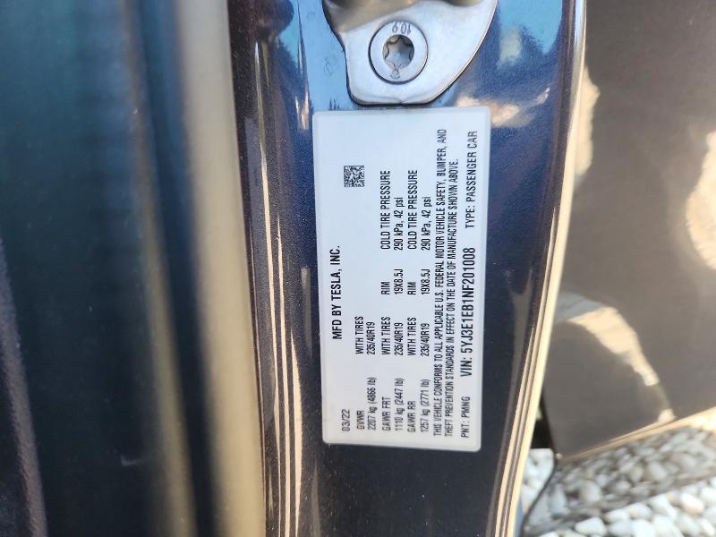 Aukcja sprzedaży 2022 Tesla Model 3, vin: 5YJ3E1EB1NF201008, numer aukcji: 75306525