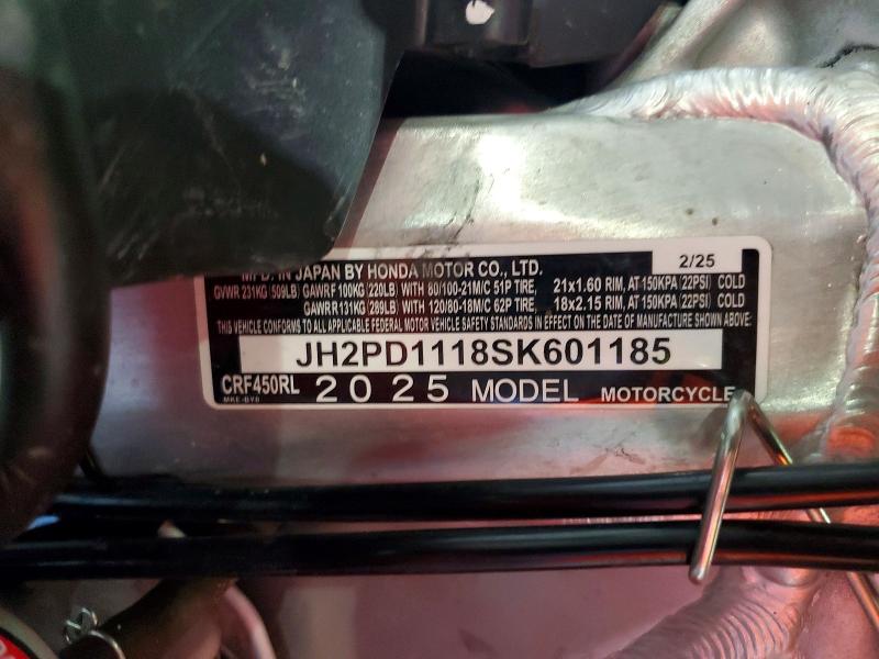 Aukcja sprzedaży 2025 Honda Crf450, vin: JH2PD1118SK601185, numer aukcji: 73906505
