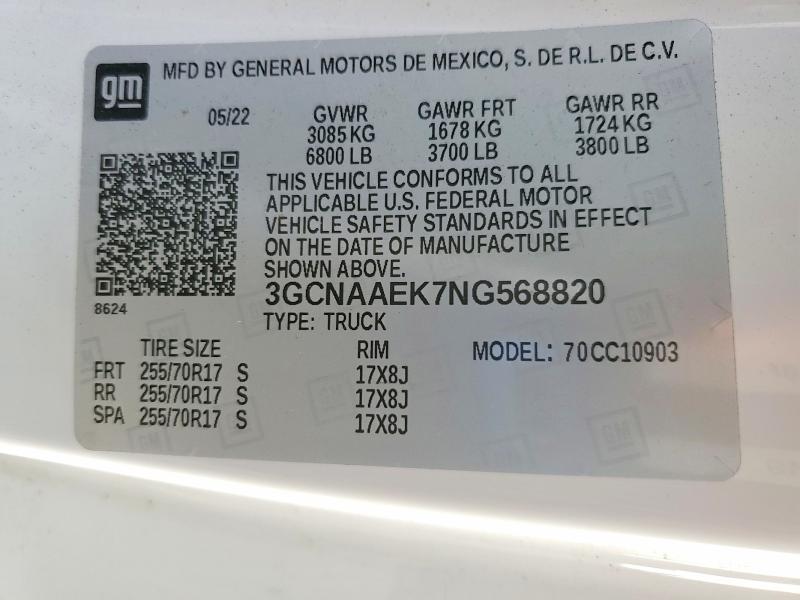 Продаж на аукціоні авто 2022 Chevrolet Silverado, vin: 3GCNAAEK7NG568820, номер лоту: 99565905