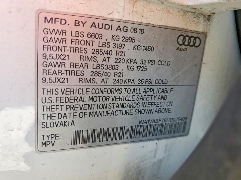 2017 Audi Q7 მანქანა იყიდება აუქციონზე, vin: WA1VABF76HD025406, აუქციონის ნომერი: 73044085