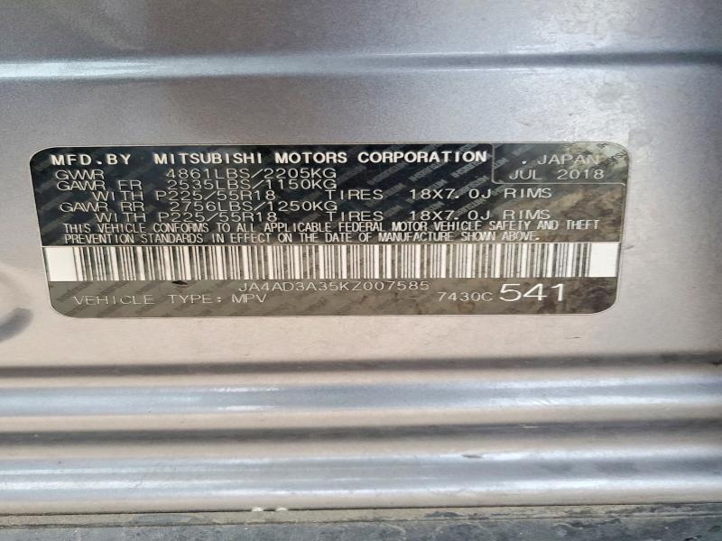 Продаж на аукціоні авто 2019 Mitsubishi Outlander, vin: JA4AD3A35KZ007585, номер лоту: 74250535