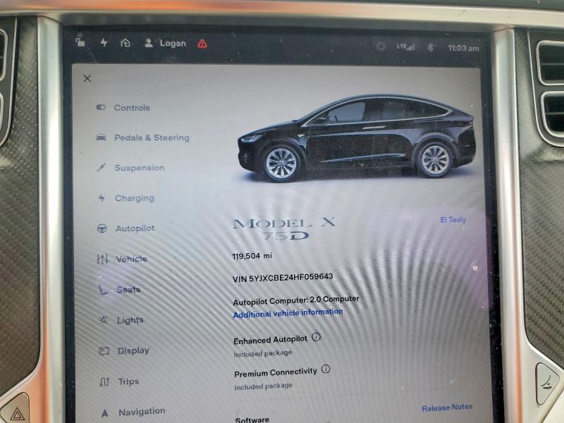 2017 Tesla Model X მანქანა იყიდება აუქციონზე, vin: 5YJXCBE24HF059643, აუქციონის ნომერი: 74456415