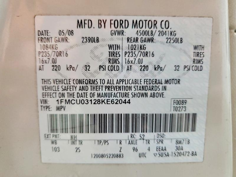 2008 Ford Escape მანქანა იყიდება აუქციონზე, vin: 1FMCU03128KE62044, აუქციონის ნომერი: 73692045