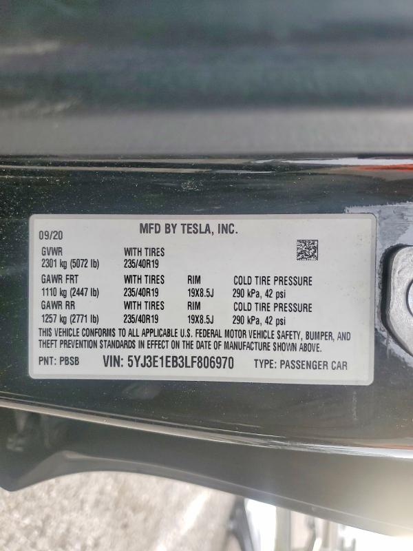 72332625 :رقم المزاد ، 5YJ3E1EB3LF806970 vin ، 2020 Tesla Model 3 مزاد بيع