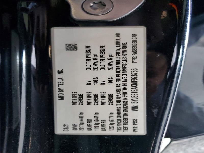 2021 Tesla Model 3 მანქანა იყიდება აუქციონზე, vin: 5YJ3E1EAXMF928783, აუქციონის ნომერი: 74353515