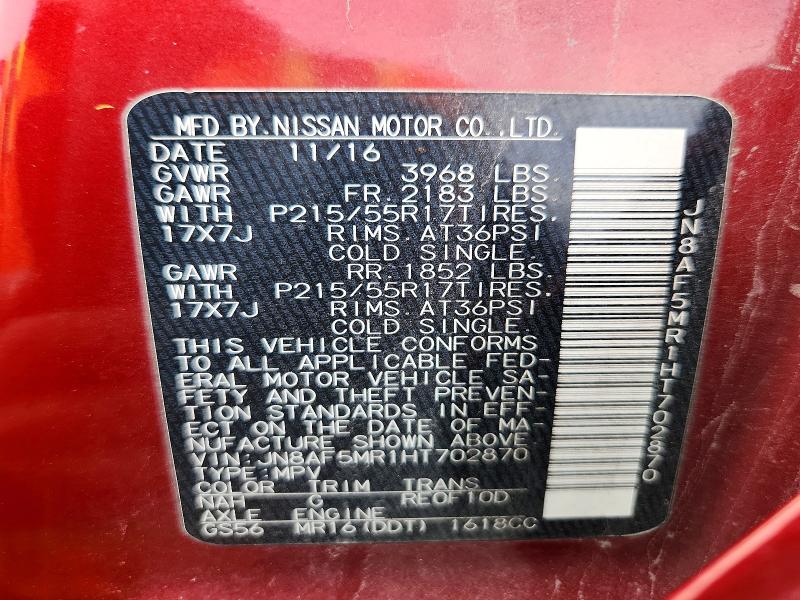 98906435 :رقم المزاد ، JN8AF5MR1HT702870 vin ، 2017 Nissan Juke مزاد بيع
