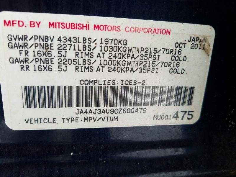 73065715 :رقم المزاد ، JA4AJ3AU9CZ600479 vin ، 2012 Mitsubishi Rvr Se مزاد بيع