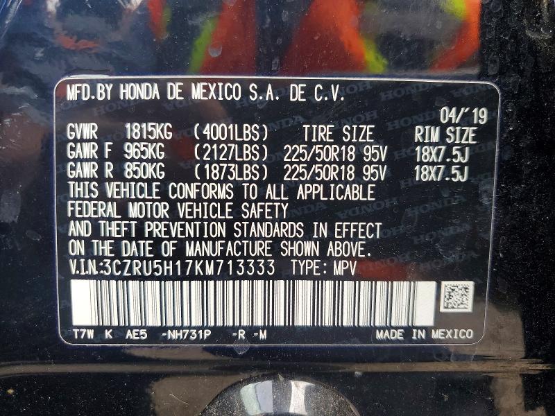 75110405 :رقم المزاد ، 3CZRU5H17KM713333 vin ، 2019 Honda Hr-v Sport مزاد بيع