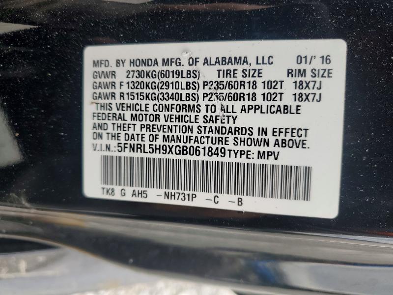 98948505 :رقم المزاد ، 5FNRL5H9XGB061849 vin ، 2016 Honda Odyssey مزاد بيع