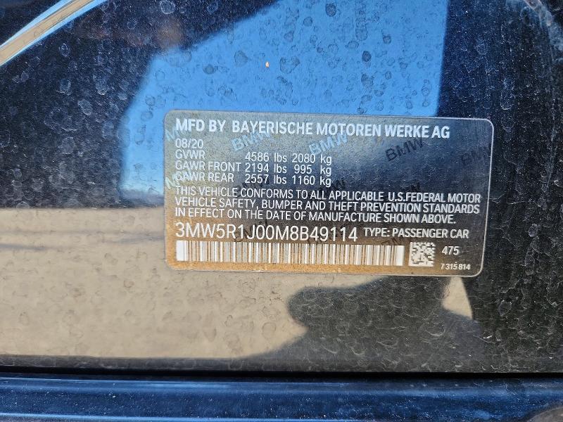2021 Bmw 330i მანქანა იყიდება აუქციონზე, vin: 3MW5R1J00M8B49114, აუქციონის ნომერი: 72822655