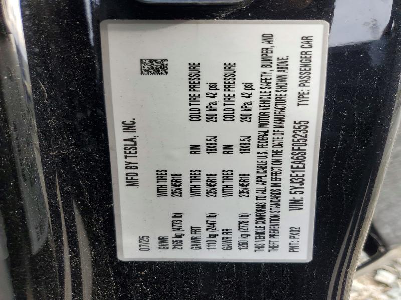 98678005 :رقم المزاد ، 5YJ3E1EA6SF052355 vin ، 2025 Tesla Model 3 مزاد بيع