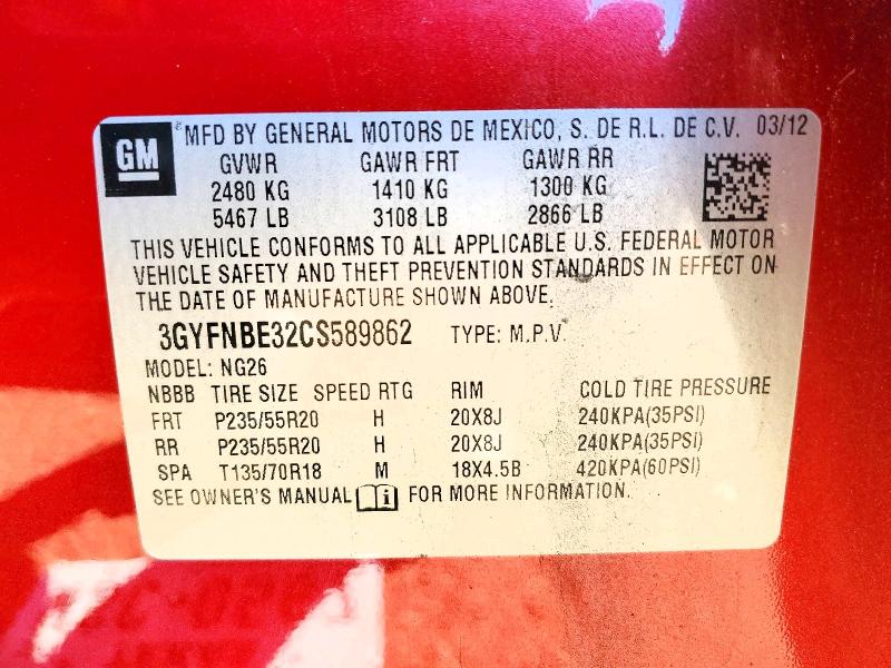 73096185 :رقم المزاد ، 3GYFNBE32CS589862 vin ، 2012 Cadillac Srx مزاد بيع
