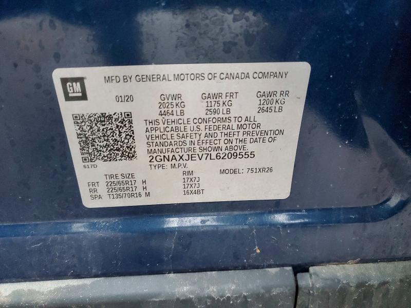 Aukcja sprzedaży 2020 Chevrolet Equinox, vin: 2GNAXJEV7L6209555, numer aukcji: 72248025
