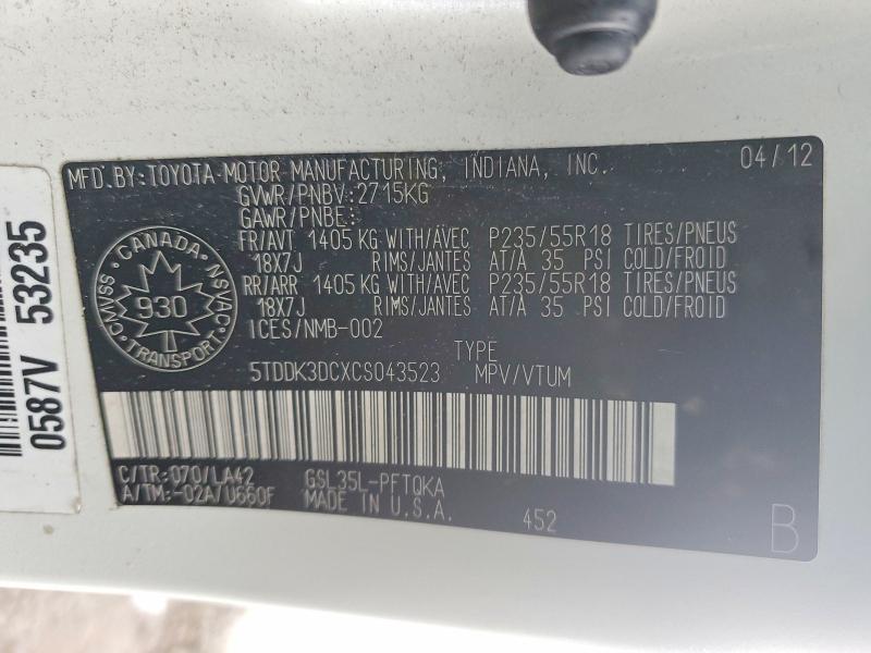 Продаж на аукціоні авто 2012 Toyota Sienna, vin: 5TDDK3DCXCS043523, номер лоту: 72317115