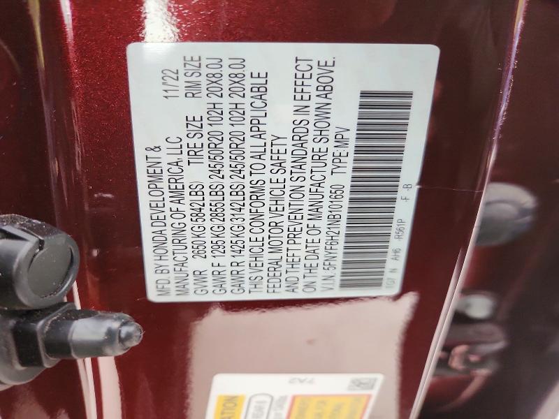 99462175 :رقم المزاد ، 5FNYF6H21NB101650 vin ، 2022 Honda Pilot مزاد بيع