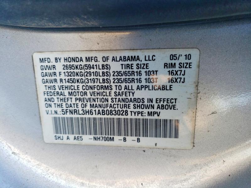 72915785 :رقم المزاد ، 5FNRL3H61AB083028 vin ، 2010 Honda Odyssey مزاد بيع