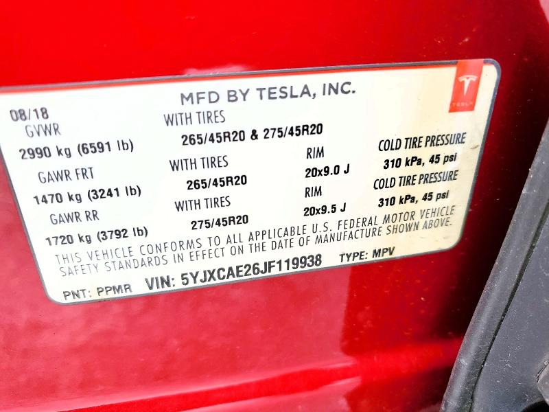 Продажа на аукционе авто 2018 Tesla Model X, vin: 5YJXCAE26JF119938, номер лота: 99103035